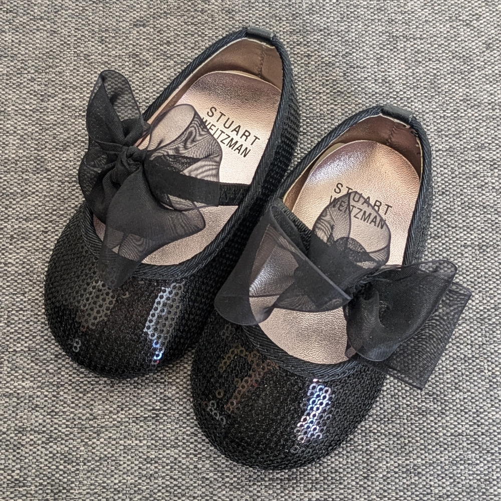 🆕 Stuart Weitzman Black Sparkly Sequin Shoes Organza Bow Size 3 "Baby Bling"